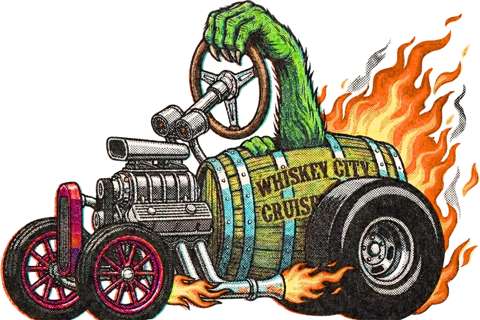 The club mascot: a green monster arm steering a whiskey-barrel hot rod with flames out the back